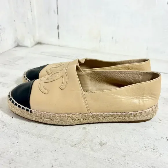 Chanel Lambskin Leather Cap Toe Espadrilles Loafer Flat Beige/Black Women's 37 - Picture 2 of 9